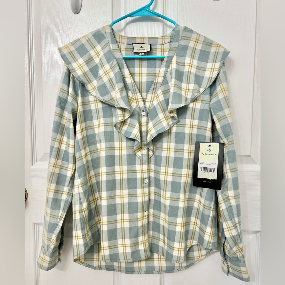 Tuckernuck Blue and Yellow Plaid Ruffle Top